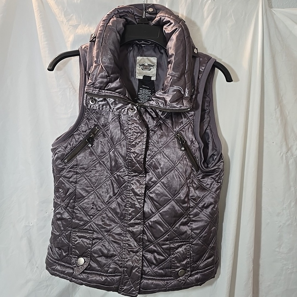 Harley Davidson Women Quilted Metallic Puffer Vest Jacket Hidden Hood Size M